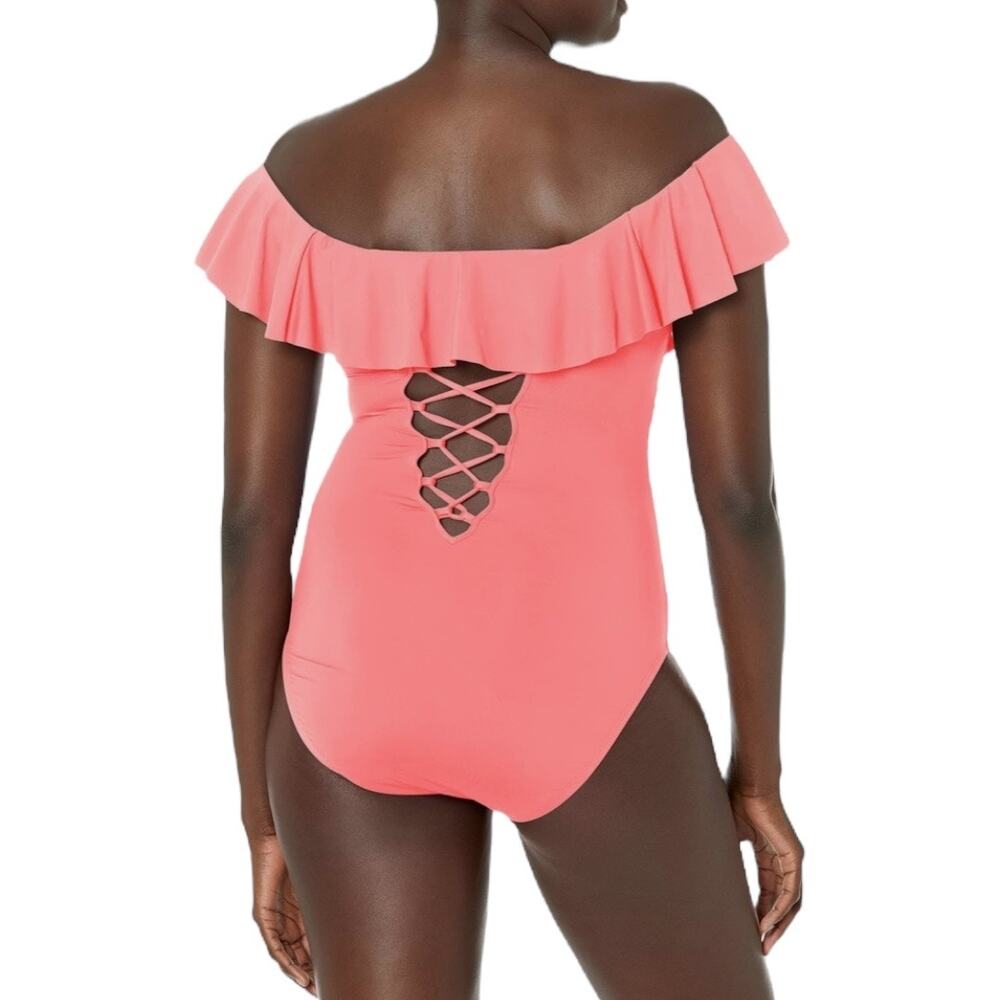 La Blanca Island Goddess Off Shoulder Ruffle One Piece Swimsuit 14 Hot Coral - Picture 2 of 9